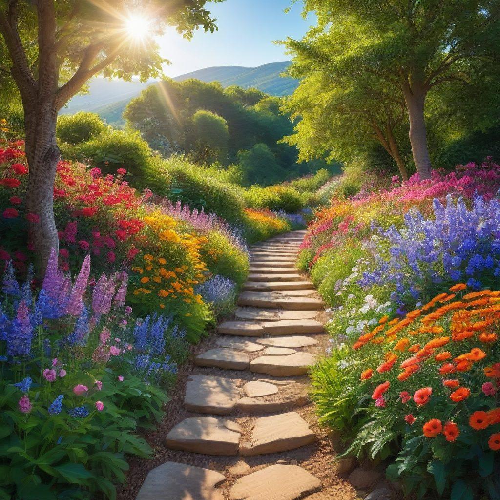 A vibrant, winding path through a sunny landscape, dotted with colorful flowers and cheerful people engaged in various activities like gardening and exercising. In the sky, a brilliant sun shines down, symbolizing positivity and success. Inspirational words like 'Growth', 'Joy', and 'Health' are artistically integrated into the scene. super-realistic. vibrant colors. uplifting atmosphere.