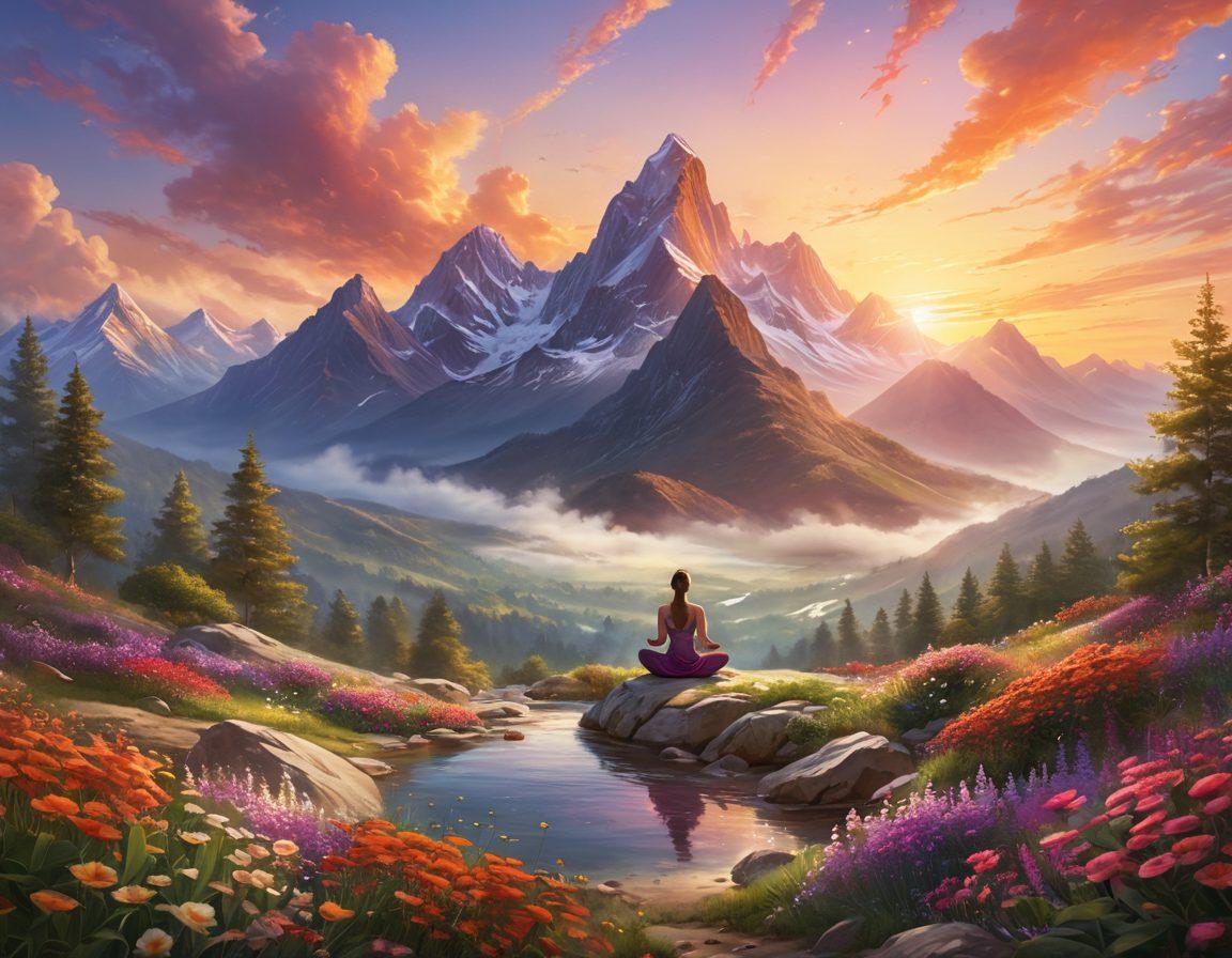 A vibrant landscape depicting a sunrise over a mountain range, symbolizing new beginnings. In the foreground, a diverse group of people are engaging in activities that represent positivity, such as yoga and meditation. Wisps of colorful light and ethereal shapes float around them, indicating the flow of prosperity and positive energy. Incorporate elements of nature, such as lush greenery and blooming flowers, to enhance the sense of abundance. super-realistic. vibrant colors. dreamy atmosphere.