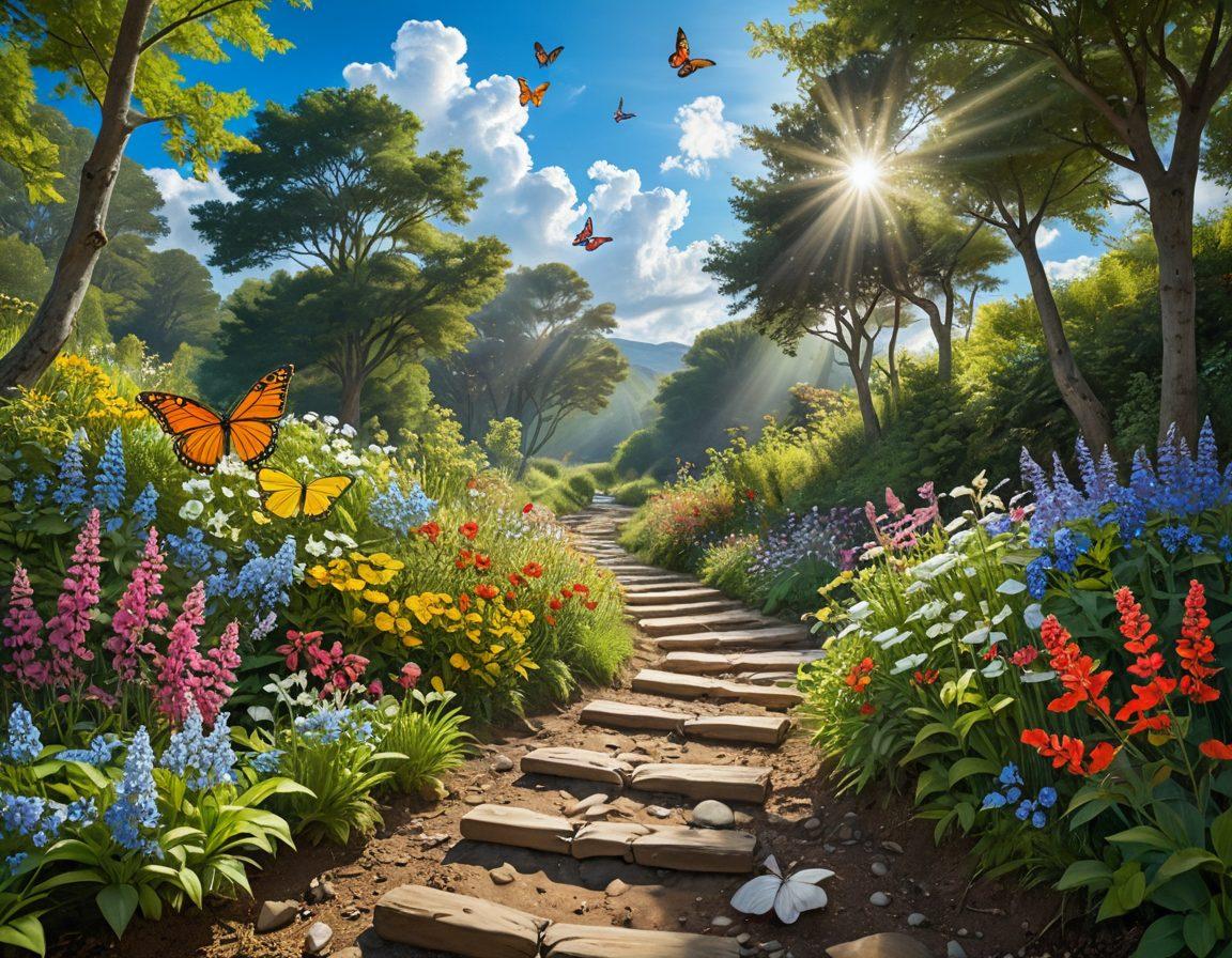 A bright, scenic landscape depicting a winding pathway leading through lush greenery and vibrant flowers, symbolizing a joyful journey. Add cheerful figures of diverse individuals walking together, smiling and carrying symbolic items like a compass and wellness books. The sky is a brilliant blue, with fluffy clouds and rays of sunshine breaking through, evoking a sense of hope and prosperity. Include elements like a small brook and colorful butterflies to enhance the atmosphere of well-being. super-realistic. vibrant colors.